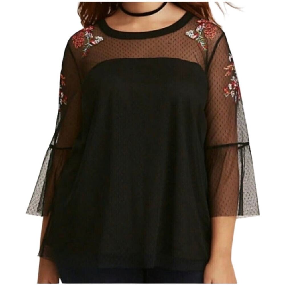NWT TORRID Black Sheer Mesh Floral Embroidered Top 3 3X Whimsigoth Dark Romance
